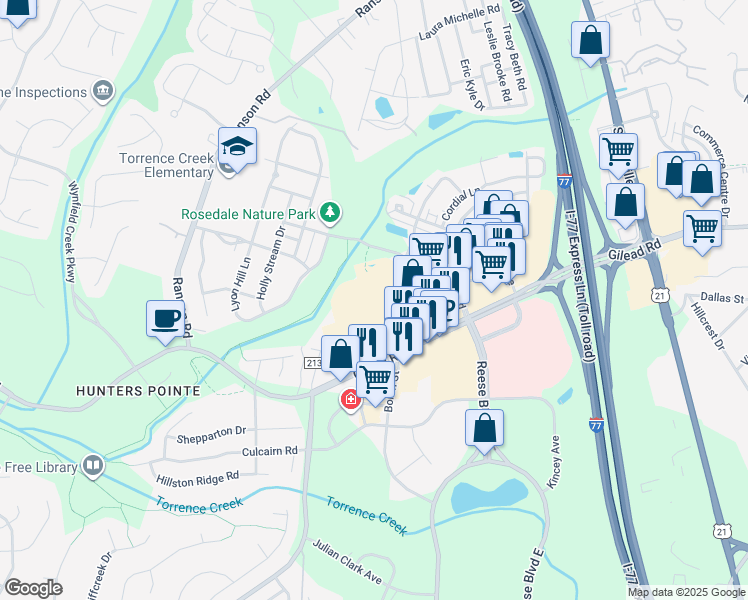 map of restaurants, bars, coffee shops, grocery stores, and more near 9721 Rose Commons Drive in Huntersville