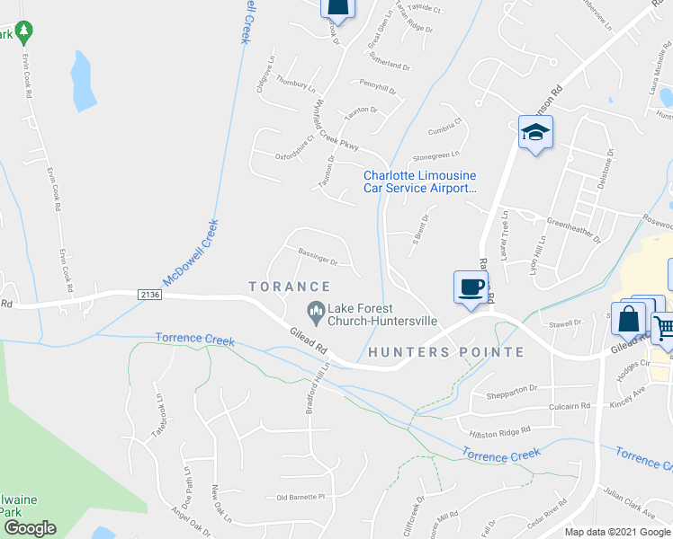map of restaurants, bars, coffee shops, grocery stores, and more near 8444 Bassinger Drive in Huntersville