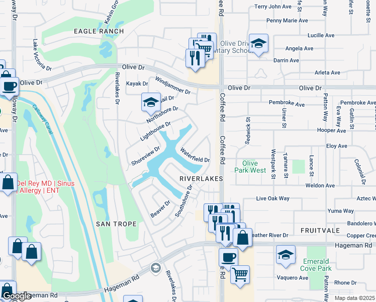 map of restaurants, bars, coffee shops, grocery stores, and more near 5303 Windriver Drive in Bakersfield