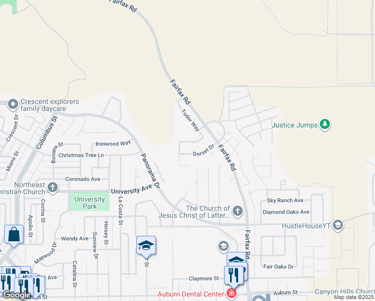 map of restaurants, bars, coffee shops, grocery stores, and more near 5813 Dorset Drive in Bakersfield