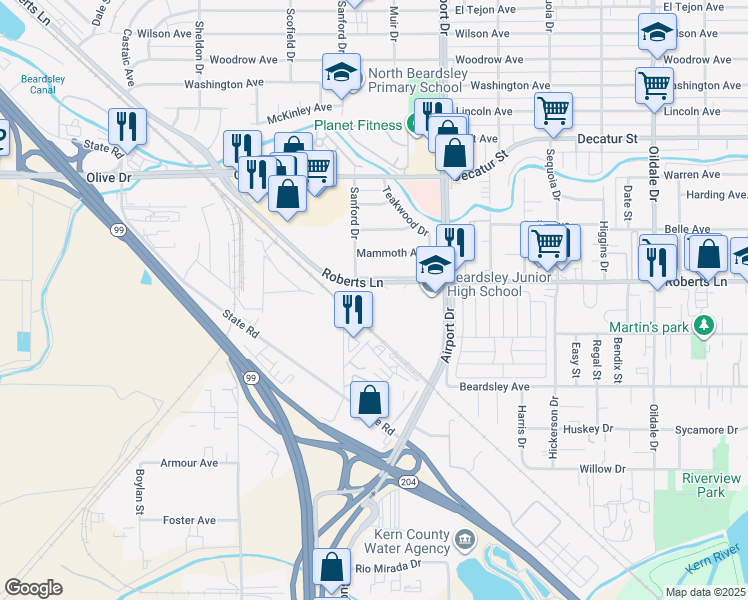 map of restaurants, bars, coffee shops, grocery stores, and more near 1001 Roberts Lane in Bakersfield
