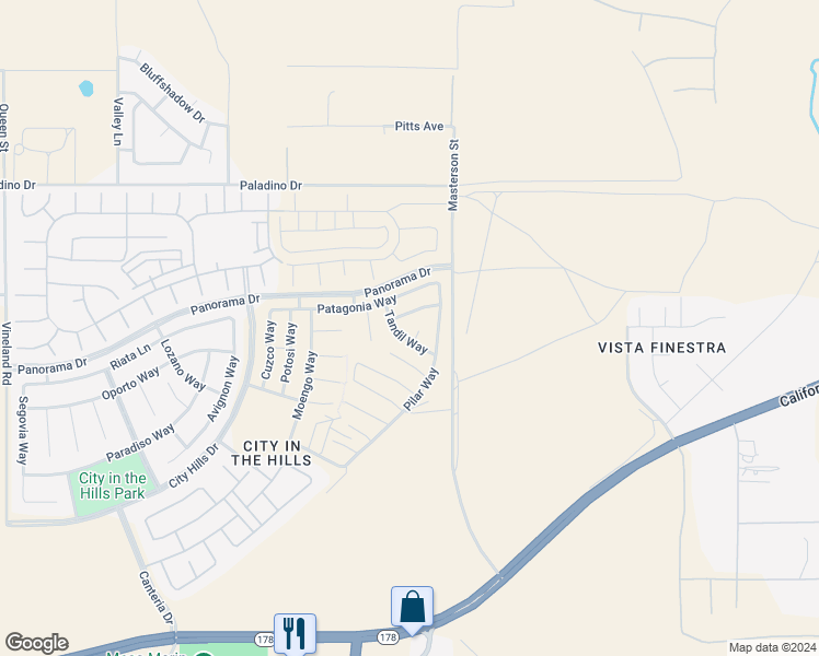 map of restaurants, bars, coffee shops, grocery stores, and more near 5904 Bogota Place in Bakersfield