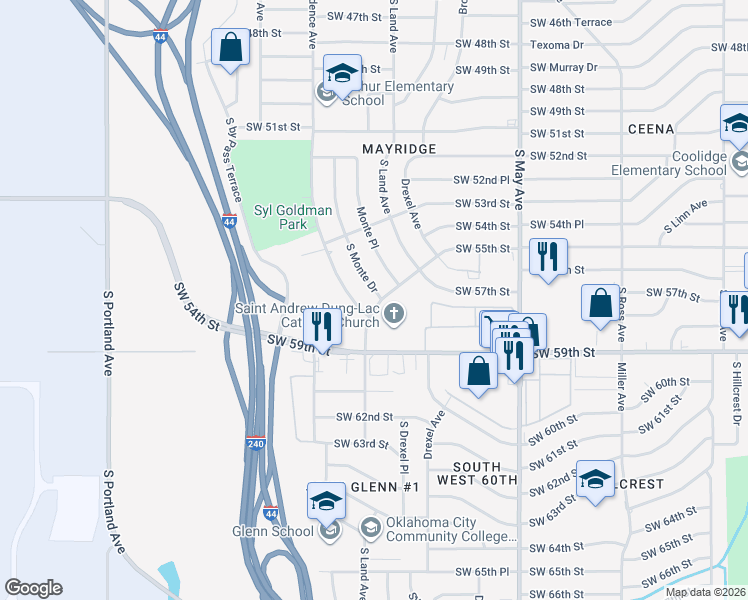 map of restaurants, bars, coffee shops, grocery stores, and more near 5532 South Independence Avenue in Oklahoma City