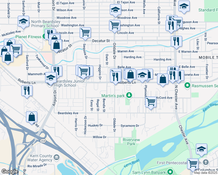 map of restaurants, bars, coffee shops, grocery stores, and more near 216 Colin B Kelly Drive in Bakersfield