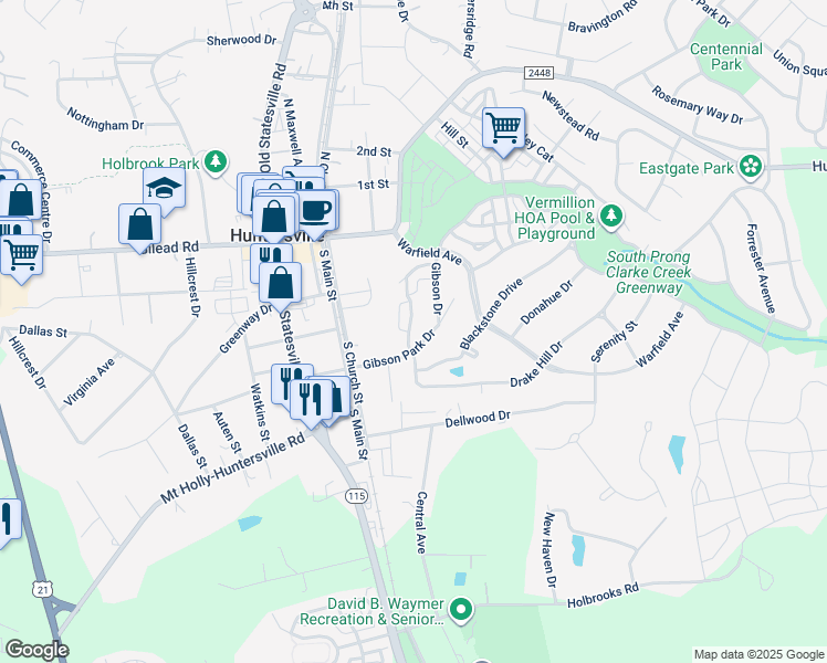 map of restaurants, bars, coffee shops, grocery stores, and more near 301 Gibson Park Drive in Huntersville