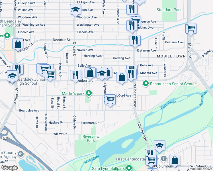 map of restaurants, bars, coffee shops, grocery stores, and more near 214 McCord Avenue in Bakersfield