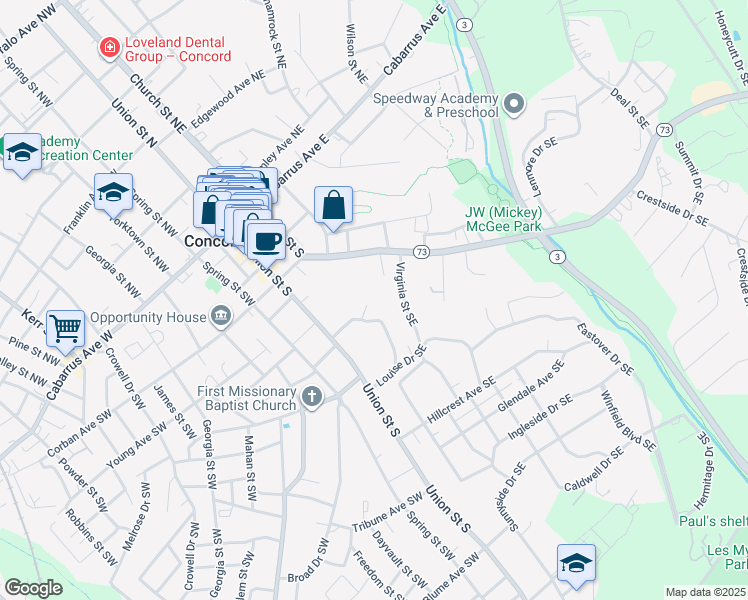 map of restaurants, bars, coffee shops, grocery stores, and more near 27 Washington Lane Southeast in Concord