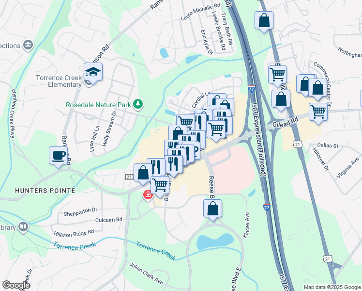 map of restaurants, bars, coffee shops, grocery stores, and more near 9721 Rose Commons Drive in Huntersville