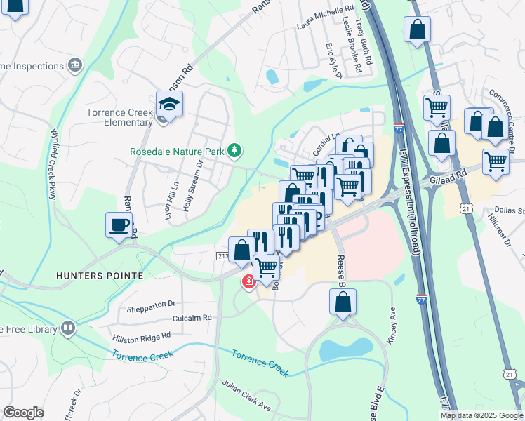 map of restaurants, bars, coffee shops, grocery stores, and more near 14234 Boren Street in Huntersville