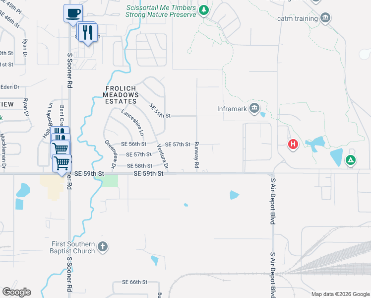 map of restaurants, bars, coffee shops, grocery stores, and more near 5809 Runway Road in Oklahoma City
