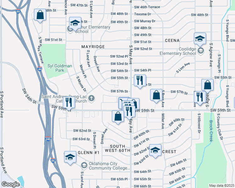 map of restaurants, bars, coffee shops, grocery stores, and more near 5901 South May Avenue in Oklahoma City