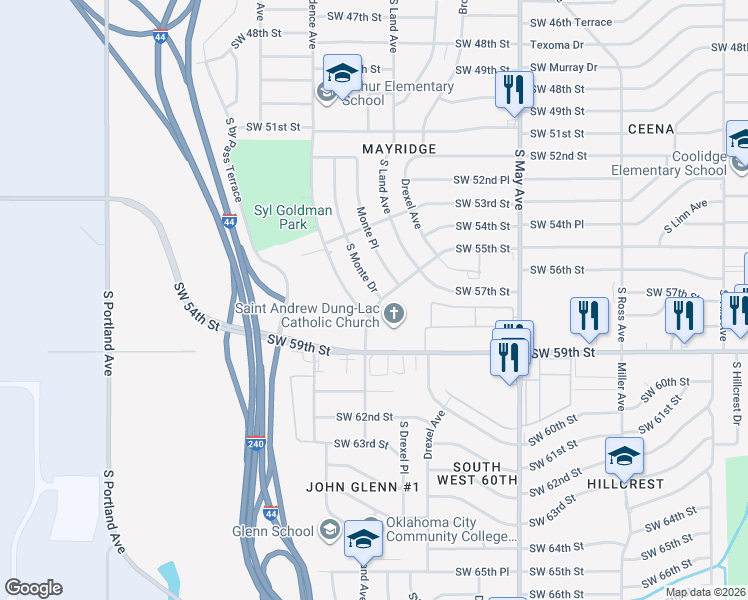 map of restaurants, bars, coffee shops, grocery stores, and more near 5532 South Independence Avenue in Oklahoma City
