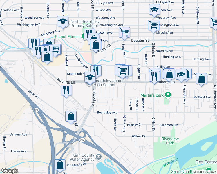 map of restaurants, bars, coffee shops, grocery stores, and more near 279 Teakwood Lane in Bakersfield
