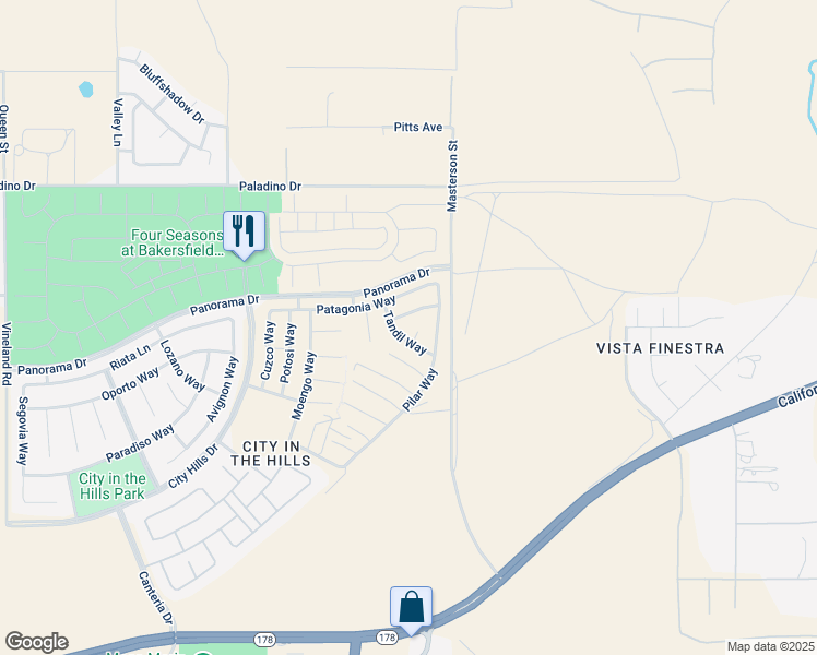 map of restaurants, bars, coffee shops, grocery stores, and more near 5904 Bogota Place in Bakersfield