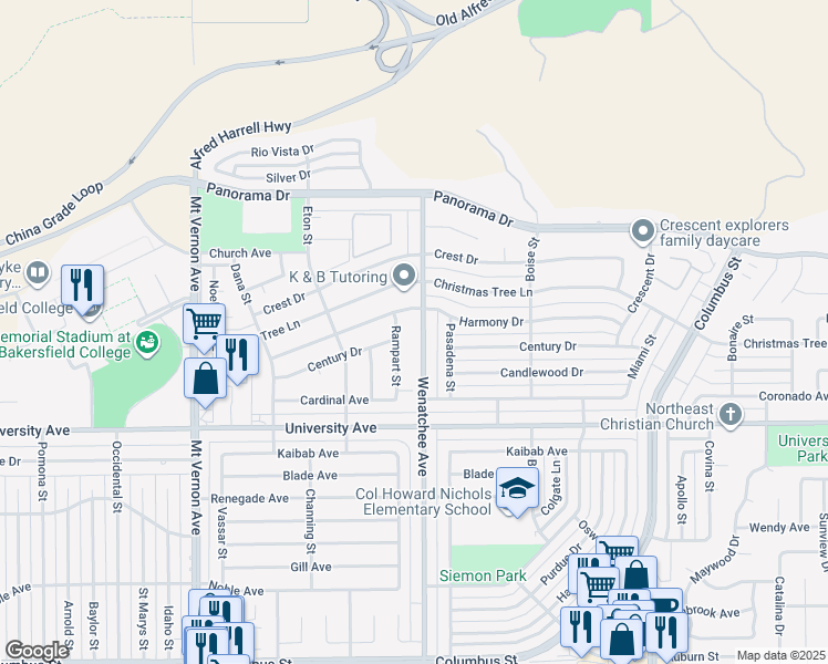 map of restaurants, bars, coffee shops, grocery stores, and more near 3806 Wenatchee Avenue in Bakersfield