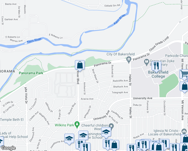 map of restaurants, bars, coffee shops, grocery stores, and more near 3804 Bryn Mawr Drive in Bakersfield