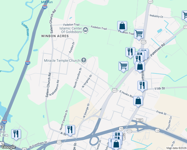 map of restaurants, bars, coffee shops, grocery stores, and more near 304 West Hooks River Road in Goldsboro
