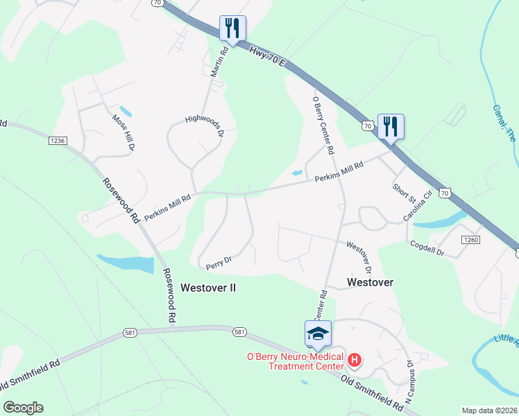 map of restaurants, bars, coffee shops, grocery stores, and more near 209 Perry Drive in Goldsboro