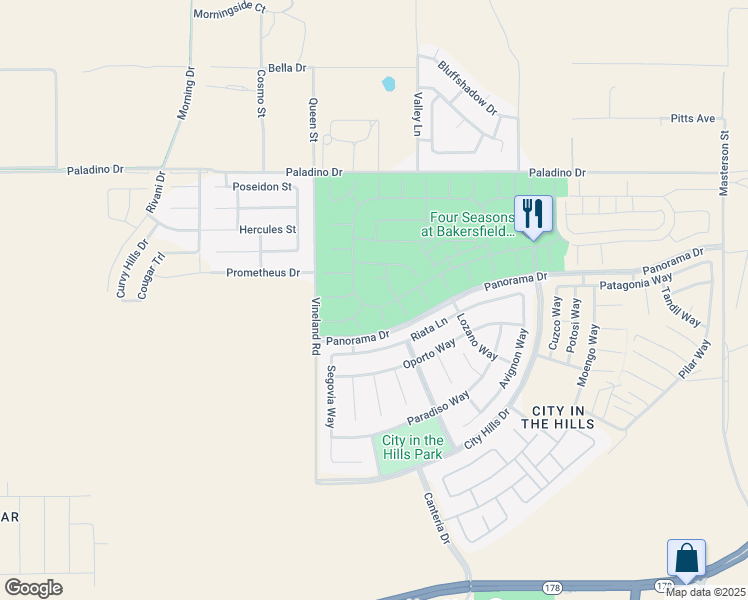 map of restaurants, bars, coffee shops, grocery stores, and more near 9904 Toscana Drive in Bakersfield