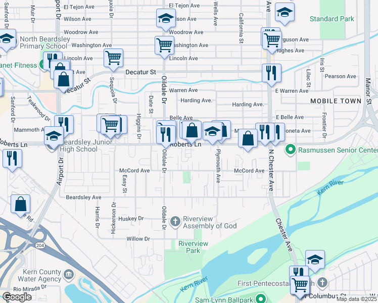 map of restaurants, bars, coffee shops, grocery stores, and more near 336 McCord Avenue in Bakersfield