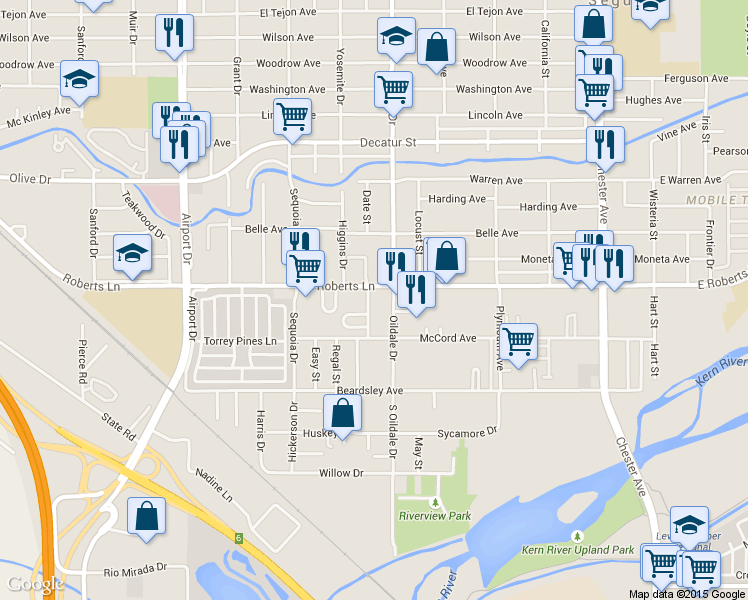 map of restaurants, bars, coffee shops, grocery stores, and more near 208 Colin B Kelly Drive in Bakersfield