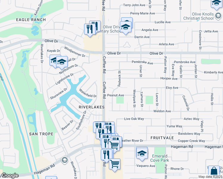 map of restaurants, bars, coffee shops, grocery stores, and more near 5301 Sedwick Street in Bakersfield