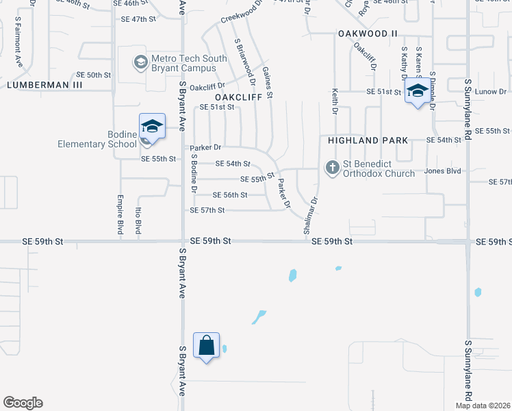 map of restaurants, bars, coffee shops, grocery stores, and more near 3300 Southeast 57th Street in Oklahoma City