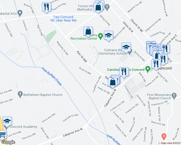 map of restaurants, bars, coffee shops, grocery stores, and more near 134 Duval Street Northwest in Concord