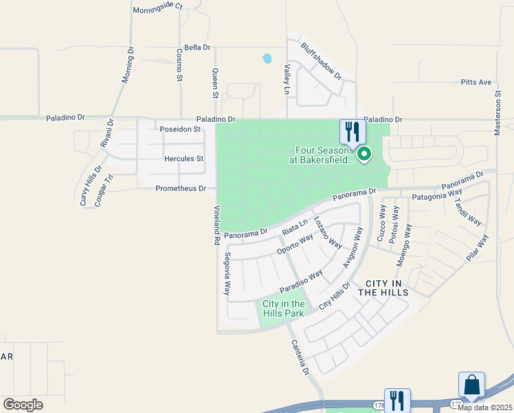 map of restaurants, bars, coffee shops, grocery stores, and more near 9904 Toscana Drive in Bakersfield