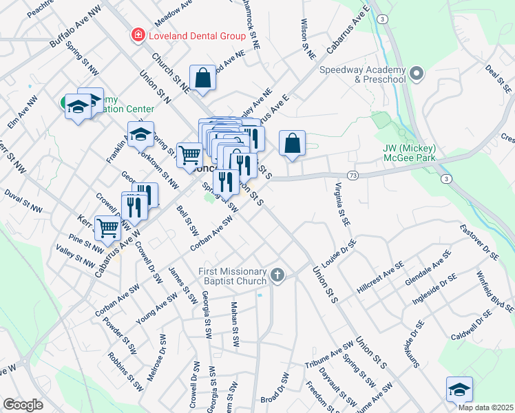 map of restaurants, bars, coffee shops, grocery stores, and more near Union Street South in Concord