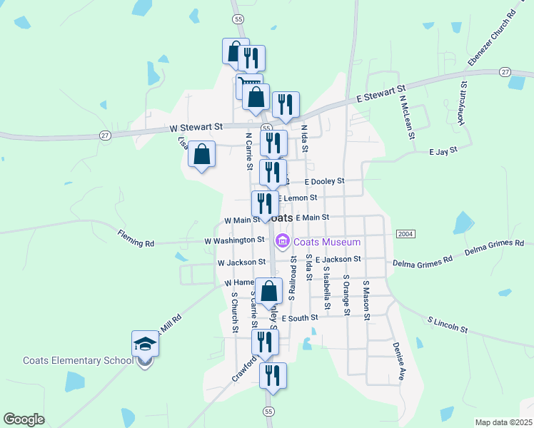 map of restaurants, bars, coffee shops, grocery stores, and more near 19 North McKinley Street in Coats