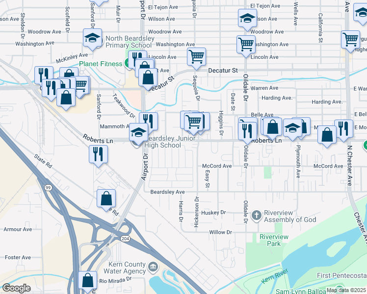 map of restaurants, bars, coffee shops, grocery stores, and more near 306 Kings Lane in Bakersfield