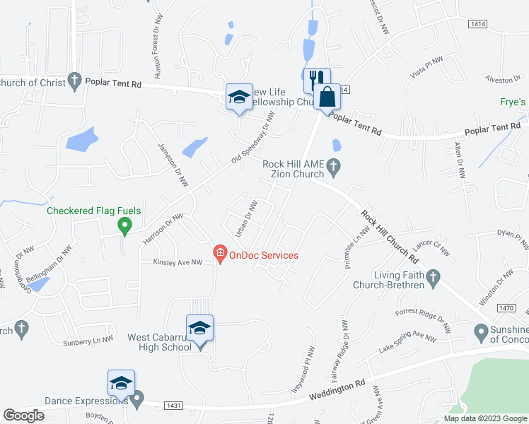 map of restaurants, bars, coffee shops, grocery stores, and more near 460 Barrington Place Northwest in Concord