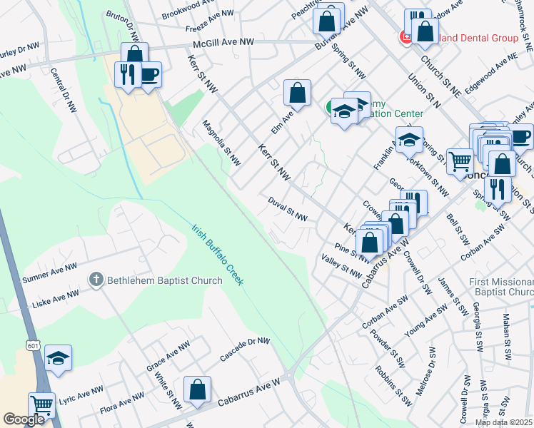 map of restaurants, bars, coffee shops, grocery stores, and more near Bleachery Court Northwest in Concord