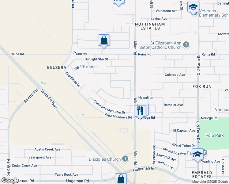 map of restaurants, bars, coffee shops, grocery stores, and more near 5305 Elk Run Court in Bakersfield