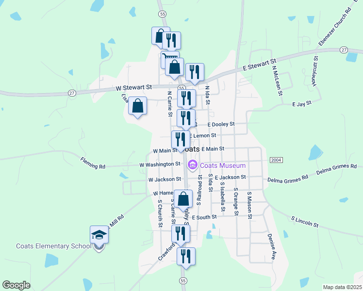 map of restaurants, bars, coffee shops, grocery stores, and more near 19 North McKinley Street in Coats