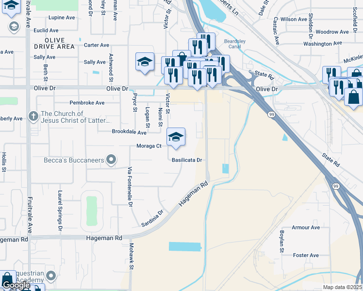 map of restaurants, bars, coffee shops, grocery stores, and more near 5210 Victor Street in Bakersfield