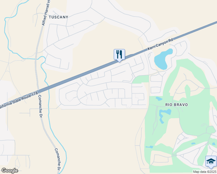 map of restaurants, bars, coffee shops, grocery stores, and more near 13910 Calico Village Drive in Bakersfield