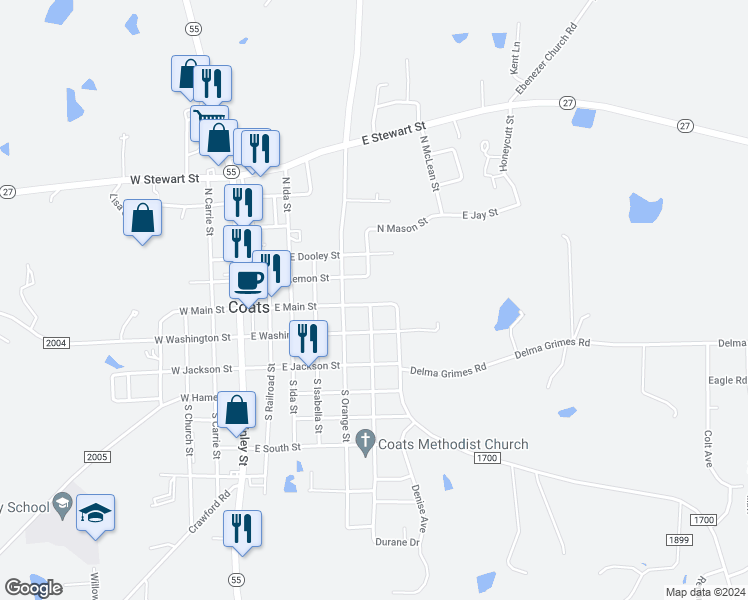 map of restaurants, bars, coffee shops, grocery stores, and more near 323 East Main Street in Coats