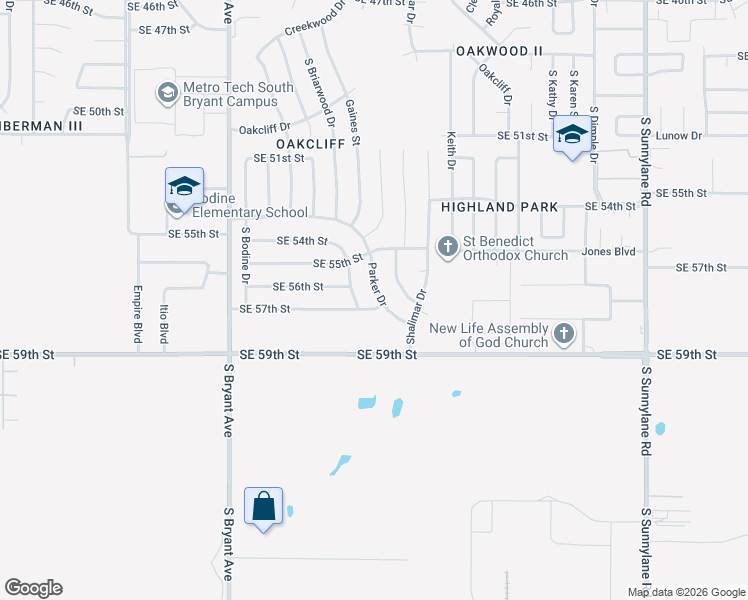 map of restaurants, bars, coffee shops, grocery stores, and more near 3404 Southeast 57th Street in Oklahoma City