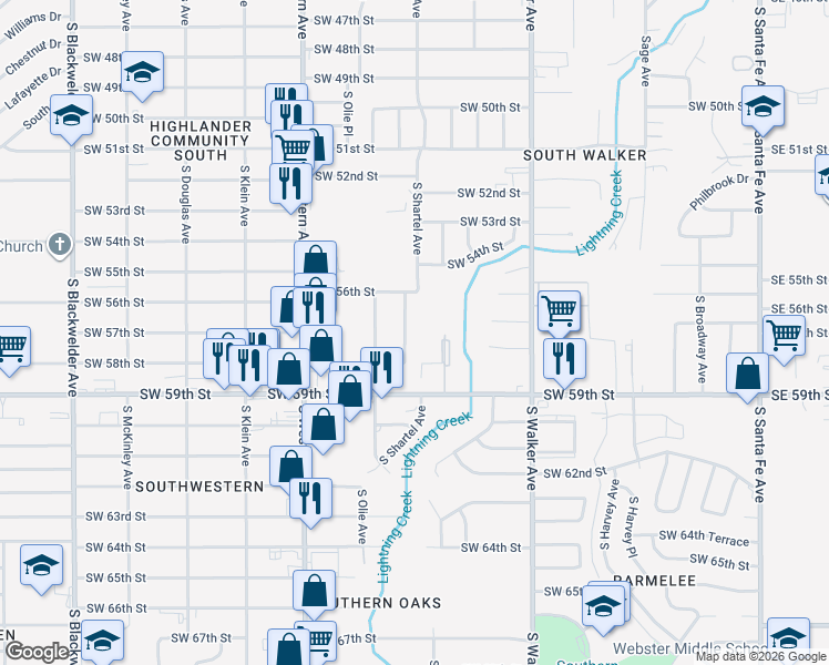 map of restaurants, bars, coffee shops, grocery stores, and more near 5901 South Lee Avenue in Oklahoma City