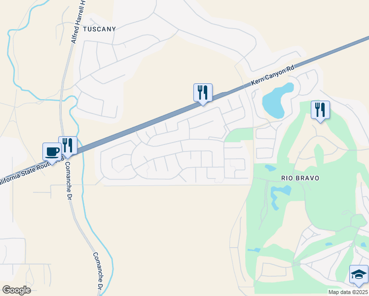 map of restaurants, bars, coffee shops, grocery stores, and more near 13910 Calico Village Drive in Bakersfield