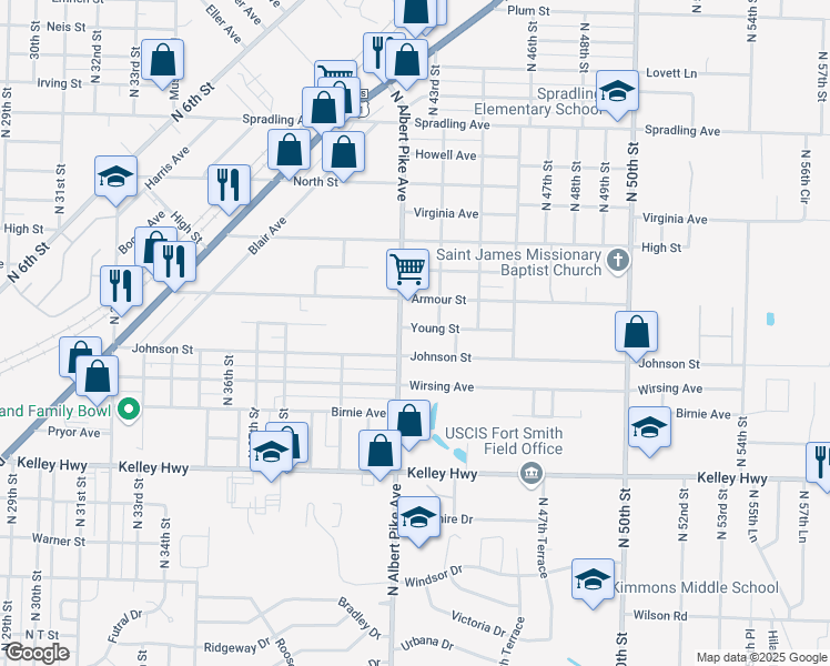map of restaurants, bars, coffee shops, grocery stores, and more near 4212 Young Street in Fort Smith