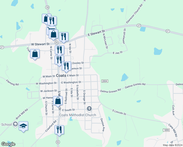 map of restaurants, bars, coffee shops, grocery stores, and more near 323 East Main Street in Coats