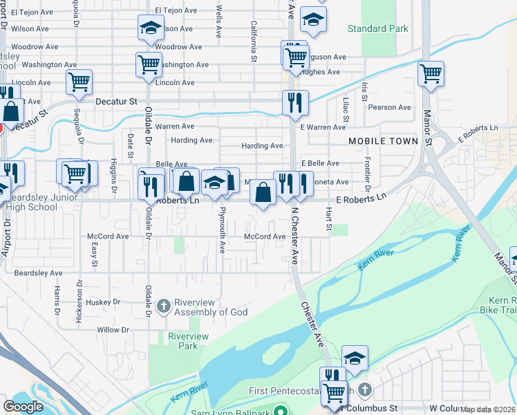 map of restaurants, bars, coffee shops, grocery stores, and more near 121 Roberts Lane in Bakersfield