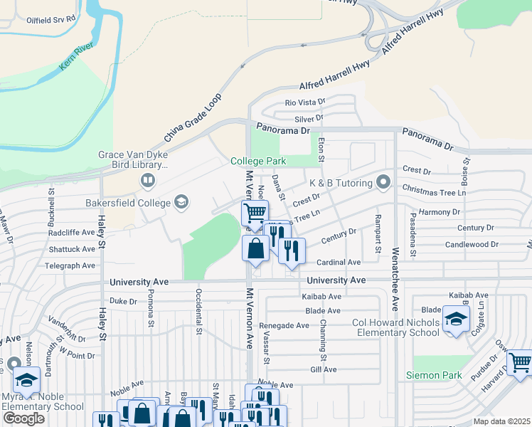 map of restaurants, bars, coffee shops, grocery stores, and more near 3817 Noel Place in Bakersfield