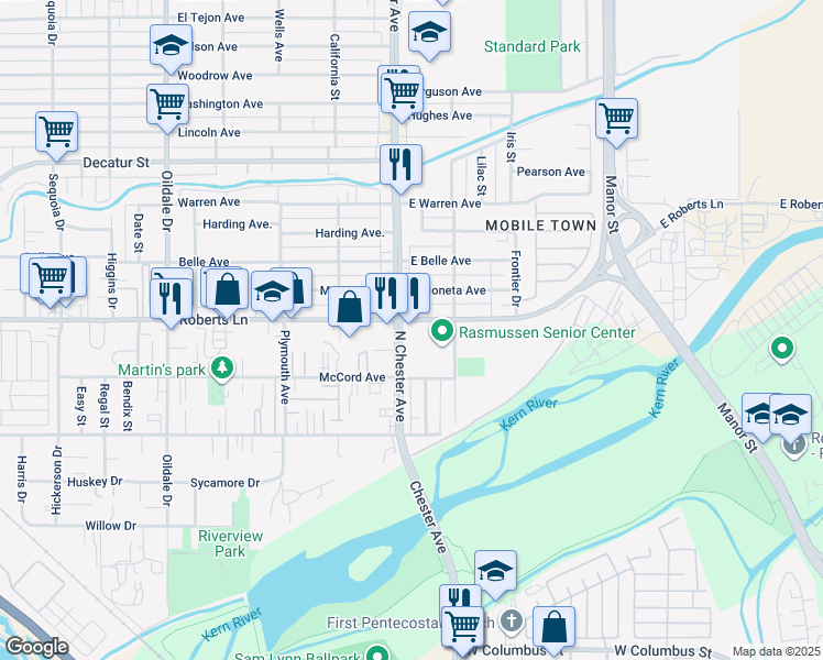 map of restaurants, bars, coffee shops, grocery stores, and more near 236 North Chester Avenue in Bakersfield