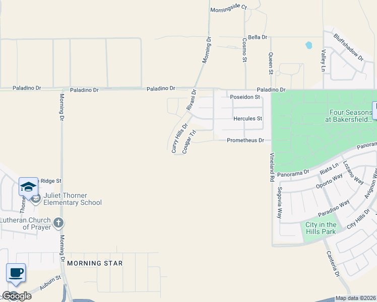 map of restaurants, bars, coffee shops, grocery stores, and more near 6111 Curvy Hills Drive in Bakersfield