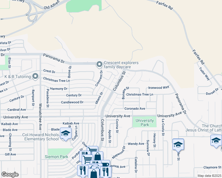 map of restaurants, bars, coffee shops, grocery stores, and more near 4648 Columbus Street in Bakersfield