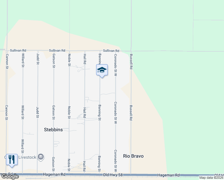 map of restaurants, bars, coffee shops, grocery stores, and more near 5351 Coronado Street West in Bakersfield